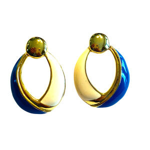 Vintage 80's pierced earrings goldtone hoops creamy white & blue enamel finish